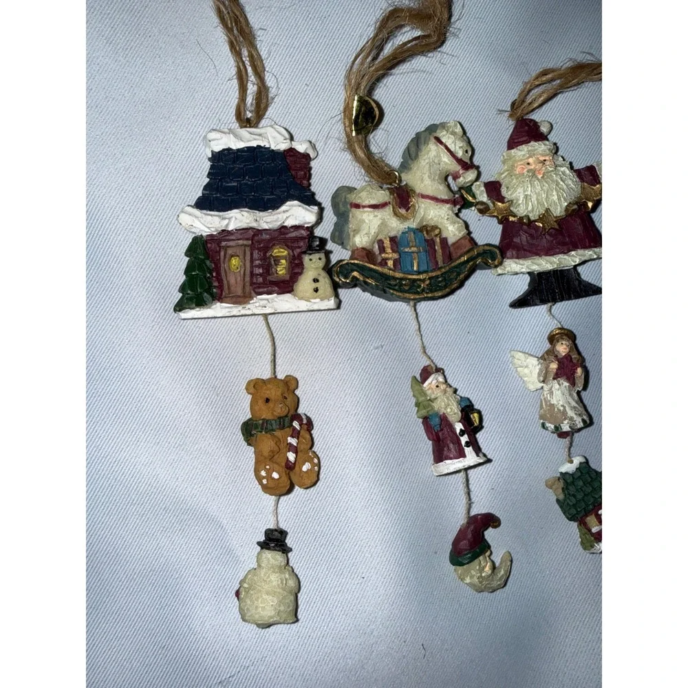 Vintage Christmas Ornaments Set of 3 Resin Santa Rocking Horse Cottage Dangle